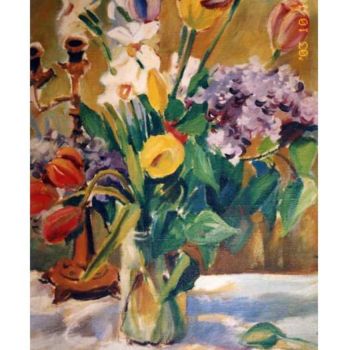 Painting titled "Tulipes et lilas" by Lyria, Original Artwork, Oil