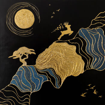 Картина под названием "Golden deer on the…" - Lidiia Isakova, Подлинное произведение искусства, Акрил