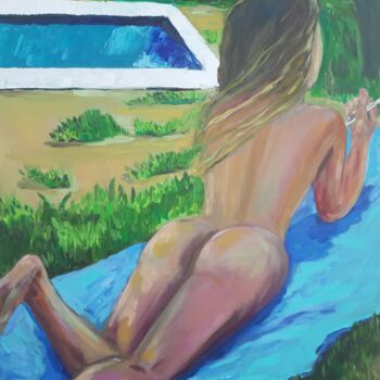 Schilderij getiteld "Woman in summer 50/…" door Lidiia Sazonova, Origineel Kunstwerk, Olie