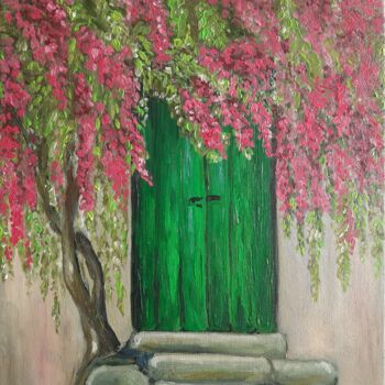 Painting titled "Green vintage door…" by Lidiia Sazonova, Original Artwork, Oil