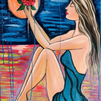 Painting titled "A ROSE TO THE MOON!" by Ligia Romano, Original Artwork, Oil