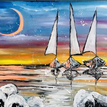 Painting titled "BOATS AT MOON!" by Ligia Romano, Original Artwork, Oil