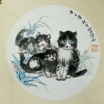 Painting titled "Chats" by Jin Li, Original Artwork, Ink Mounted on Cardboard