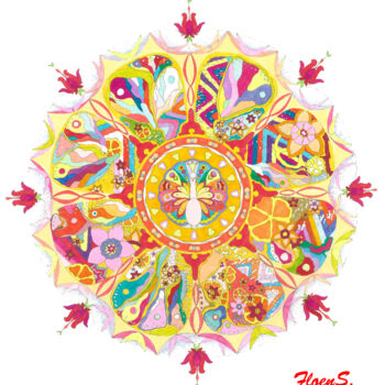 Malerei mit dem Titel "Mandala - Happiness" von Lika Floens., Original-Kunstwerk, Marker