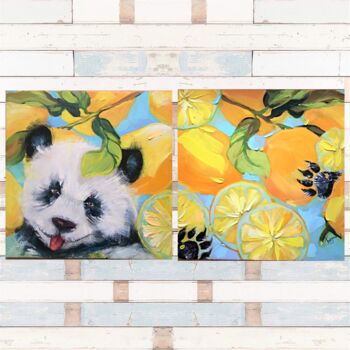 Malarstwo zatytułowany „панда и лимоны” autorstwa Лилия Будзинская, Oryginalna praca, Olej