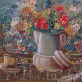 Painting titled "O café de manha" by Lilia Buraga, Original Artwork, Oil