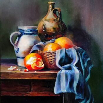 Картина под названием "Натюрморт с апельси…" - Лилиана Ковхуто, Подлинное произведение искусства, Масло Установлен на Деревя…