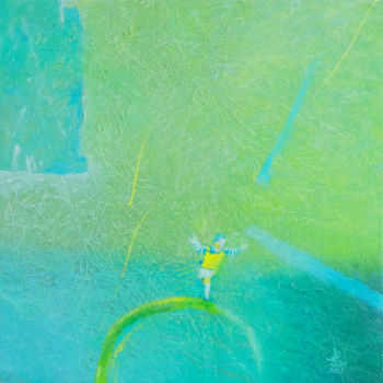 Painting titled "Vert poussin" by Liliane Bordes, Original Artwork, Acrylic Mounted on Wood Panel
