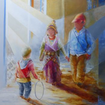 Painting titled "Retour d'Ecole" by Liliane Vergne, Original Artwork, Oil