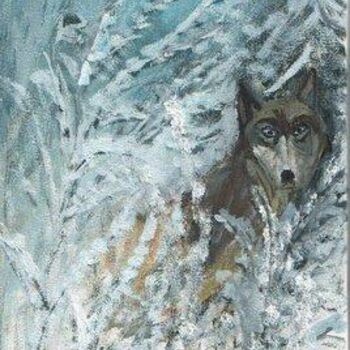 Painting titled "loup dans la neige" by Liliane Leroy, Original Artwork, Oil