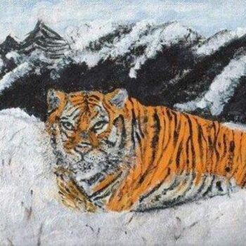 Painting titled "tigre dans la neige" by Liliane Leroy, Original Artwork, Oil