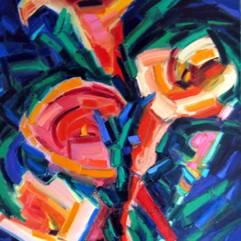 Peinture intitulée "arums-roses-sur-fon…" par Liliane Penin, Œuvre d'art originale, Huile
