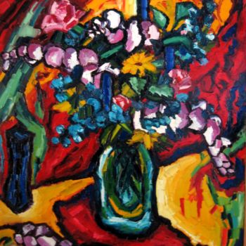 Картина под названием "bouquet-et-vase-ble…" - Liliane Penin, Подлинное произведение искусства, Масло