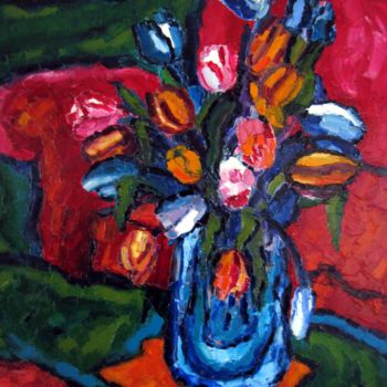 Painting titled "tulipes oranges et…" by Liliane Penin, Original Artwork, Oil