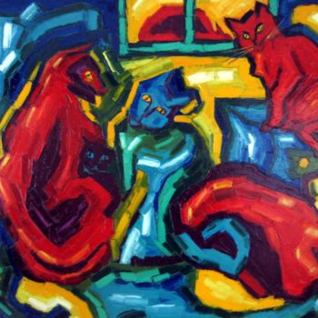 Peinture intitulée "colloque-de-chats-1…" par Liliane Penin, Œuvre d'art originale, Huile