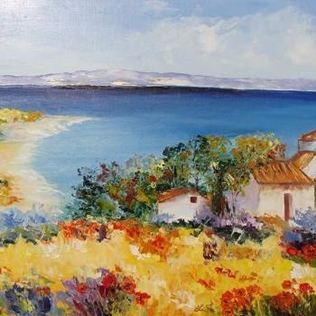 Peinture intitulée "Village bord de mer" par Lifa, Œuvre d'art originale, Huile