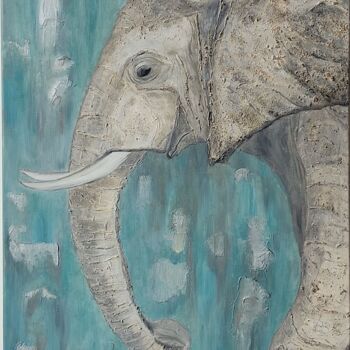 Malerei mit dem Titel "Elephant at a water…" von Liliia Iuldasheva, Original-Kunstwerk, Öl