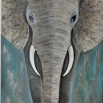 Painting titled "Elephant at a water…" by Liliia Iuldasheva, Original Artwork, Oil
