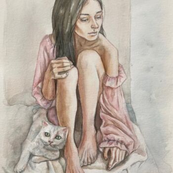 Painting titled "With a cat" by Liliia Shpitaleva, Original Artwork, Watercolor