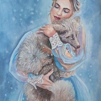 Картина под названием "Fille avec un renar…" - Liliya Hudry, Подлинное произведение искусства, Акварель