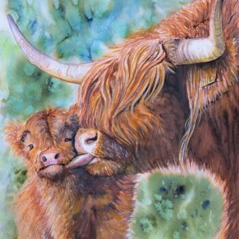 Painting titled "Highland cow" by Liliya Hudry, Original Artwork, Watercolor