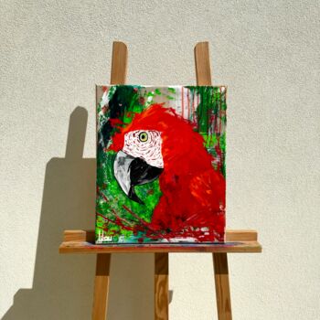 Painting titled "Perroquet rouge" by Lilou, Original Artwork, Acrylic Mounted on Wood Stretcher frame
