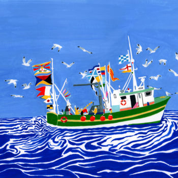 Malarstwo zatytułowany „bateau de pêche au…” autorstwa Lil Sire, Oryginalna praca, Gwasz