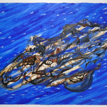 Painting titled "Blue Moto Rider" by Lilya P Dear, Original Artwork, Acrylic Mounted on Wood Panel