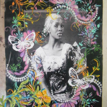 「Carte Brodée Belle…」というタイトルのコラージュ Lilyluciole Street Artによって, オリジナルのアートワーク, 紙