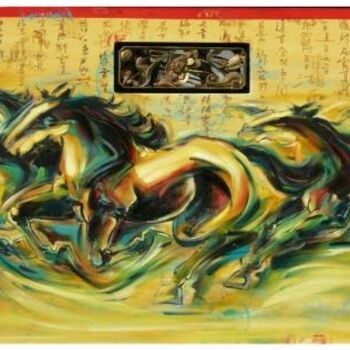 Schilderij getiteld "ancient horses 3" door Ah Cheng Lim, Origineel Kunstwerk