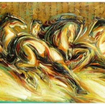 Schilderij getiteld "ancient horses 14" door Ah Cheng Lim, Origineel Kunstwerk