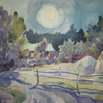 Malerei mit dem Titel "Лунная ночь в дерев…" von Lilia Muratova, Original-Kunstwerk, Aquarell