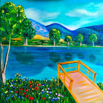 Painting titled "Pond" by Lina Balestie, Original Artwork, Oil Mounted on Wood Stretcher frame