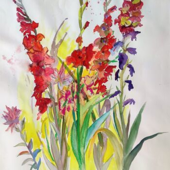 Painting titled "Glaieuls en folie" by Linda Clerget, Original Artwork, Watercolor