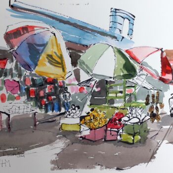 Painting titled "Market Stall -Puert…" by Linda H Matthews, Original Artwork, Watercolor