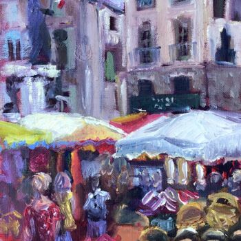 Pintura intitulada "La Marché, Pezenas" por Linda H Matthews, Obras de arte originais, Óleo Montado em Painel de madeira