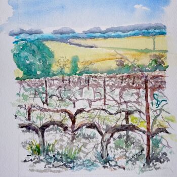 Schilderij getiteld "Les Vignes d’hiver,…" door Linda H Matthews, Origineel Kunstwerk, Aquarel