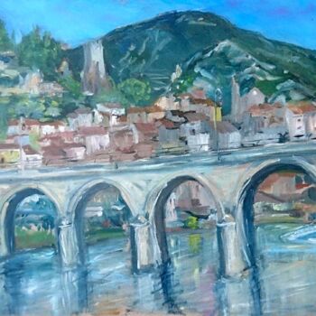 Painting titled "Le Pont, Roquebrun" by Linda H Matthews, Original Artwork, Oil Mounted on Wood Stretcher frame