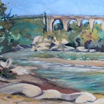 Pittura intitolato "Le pont de fer à l'…" da Linda H Matthews, Opera d'arte originale, Olio Montato su Telaio per barella in…