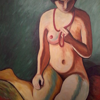 Painting titled "Femme au Collier de…" by Linda Kacer, Original Artwork, Oil