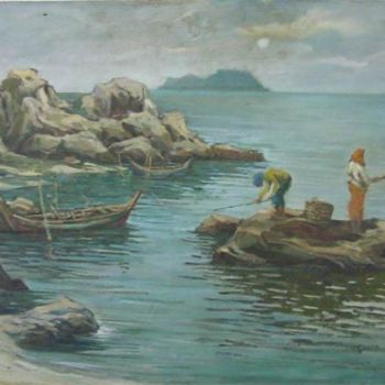 Ζωγραφική με τίτλο "Fishing-BY THE LATE…" από Linda Chen, Αυθεντικά έργα τέχνης