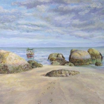 Painting titled "Footprints on sand" by Linda Chen, Original Artwork, Oil