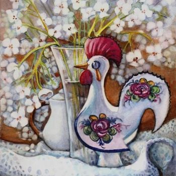 Malerei mit dem Titel "Fleurs et porcelaine" von Linda Labelle, Original-Kunstwerk, Aquarell