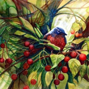 Peinture intitulée "Le chant du merle" par Linda Labelle, Œuvre d'art originale, Aquarelle