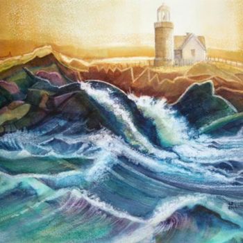 Painting titled "Le phare" by Linda Labelle, Original Artwork, Watercolor