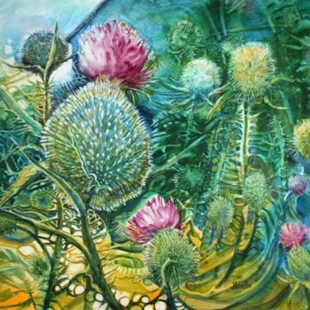 Malarstwo zatytułowany „fleurs des chardons” autorstwa Linda Labelle, Oryginalna praca, Akwarela