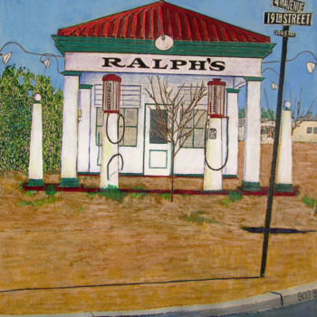 Schilderij getiteld "Ralph's Gas Station" door Linda Rosenfield, Origineel Kunstwerk