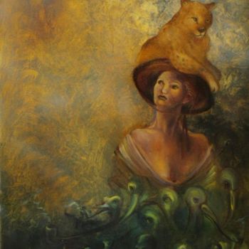 Peinture intitulée "Dame aux oiseaux" par L.Jakobsson, Œuvre d'art originale