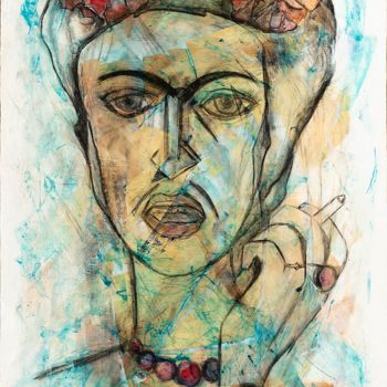 Schilderij getiteld "Frida fume" door Line Bautista, Origineel Kunstwerk, Acryl Gemonteerd op Houten paneel