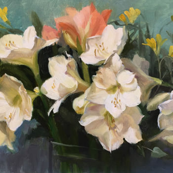 Painting titled "White Amaryllis" by Ling Strube, Original Artwork, Oil Mounted on Wood Stretcher frame
